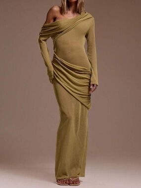 Off-Shoulder Olive Green Draped Maxi Dress